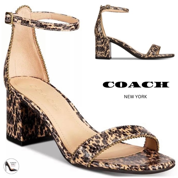 Coach Maddie Bead Chain Embossed Snake Leather Ankle Strap Sandals Heels 6.5